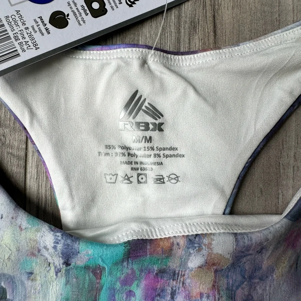 NWT RBX Printed Longline Sports Bra with Inner Shelf in Purple Blue Size Medium - Picture 4 of 5